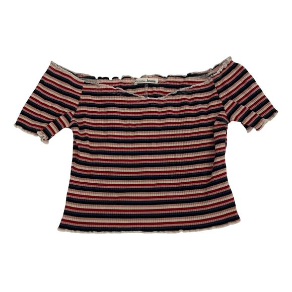 Reformation Jeans Striped Ribbed Off the Shoulder Y2K Style Tee - Size Large - Picture 1 of 9